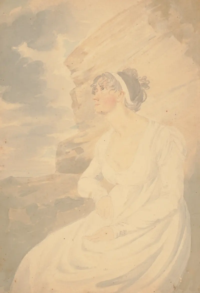 Mrs. J.R. Smith, Elizabeth Pepperell Sanger, sittande på en klippa av John Rubens Smith