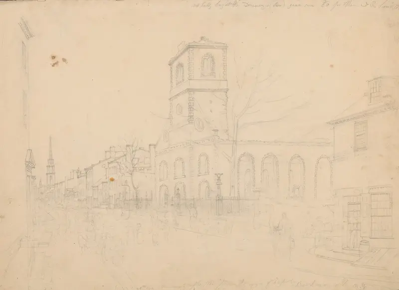 Nr 1, morgonen efter branden, St. Georges Chapel, Beekman St., N.Y. av John Rubens Smith
