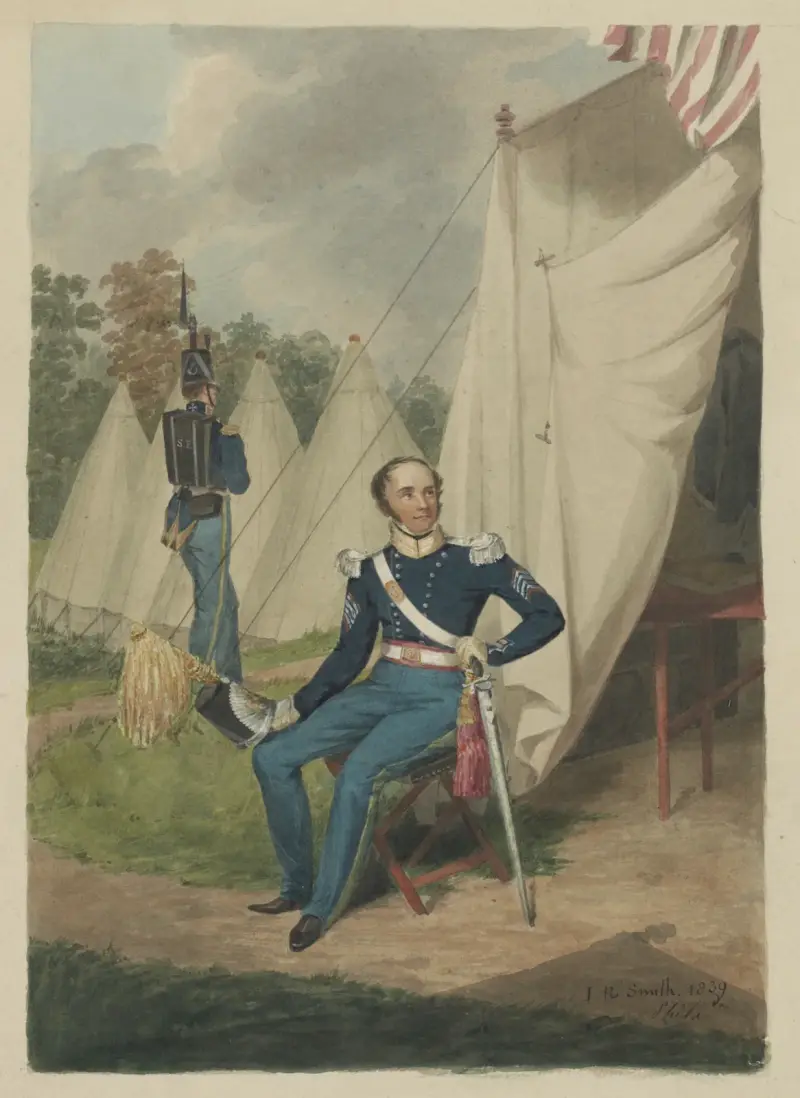 Officer från första truppen, Philadelphia, sittande vid ett tält med ett skrivbord synligt av John Rubens Smith