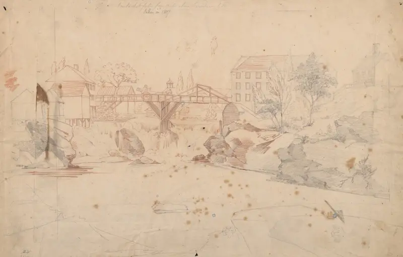 Pawtucketfallen, fyra engelska mil ovanför Providence, R.I., tecknat 1807 av John Rubens Smith