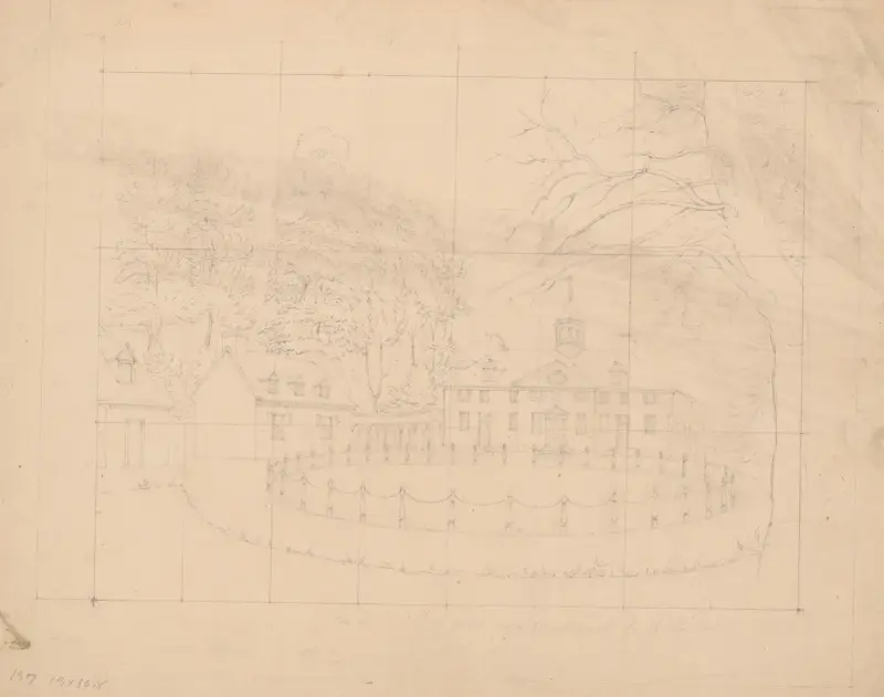 Förberedande skiss, med rutnät, av uppfarten framför Mount Vernon av John Rubens Smith