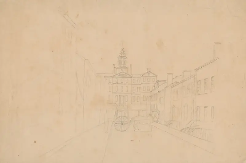 Gatuvy med bostadshus i okänd stad, offentlig byggnad med torn på kullen i bakgrunden och häst och vagn i förgrunden av John Rubens Smith