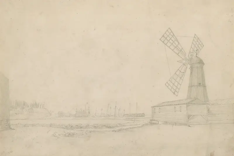 Scen med väderkvarn till höger, Brooklyn Navy Yard till vänster av John Rubens Smith