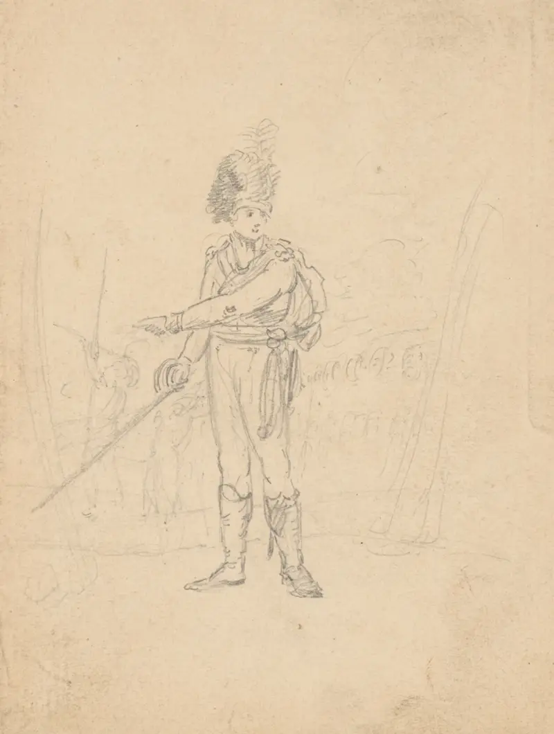 Sketch of a an officer holding sword, wearing sasha and busby av John Rubens Smith