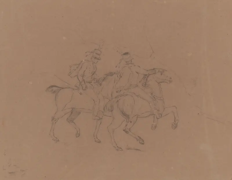 Sketch of cavalry on horseback, seen from the side, horses facing right av John Rubens Smith