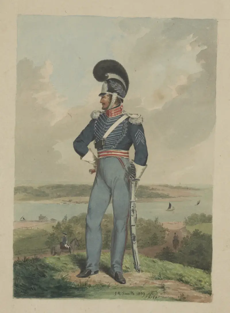 Soldat från First City Troop, Philadelphia, i uniform och hjälm med fjäderbuske av John Rubens Smith