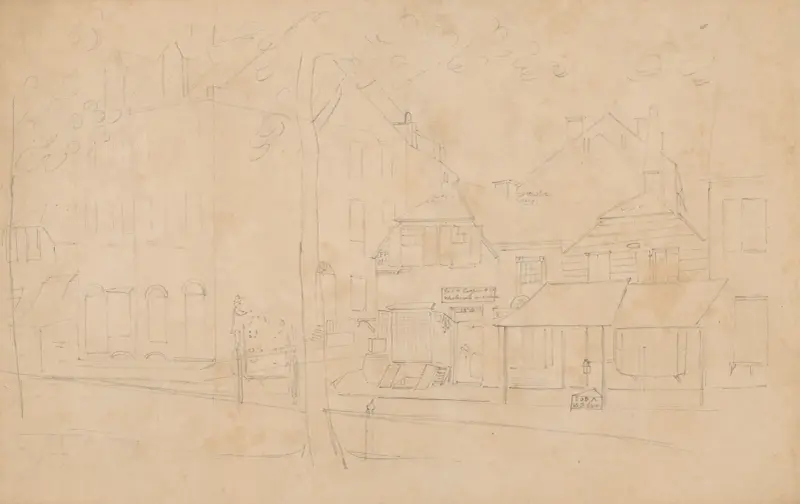Gatuscen med hus och butiker, inklusive Geo H Cooper & Co grossist av John Rubens Smith
