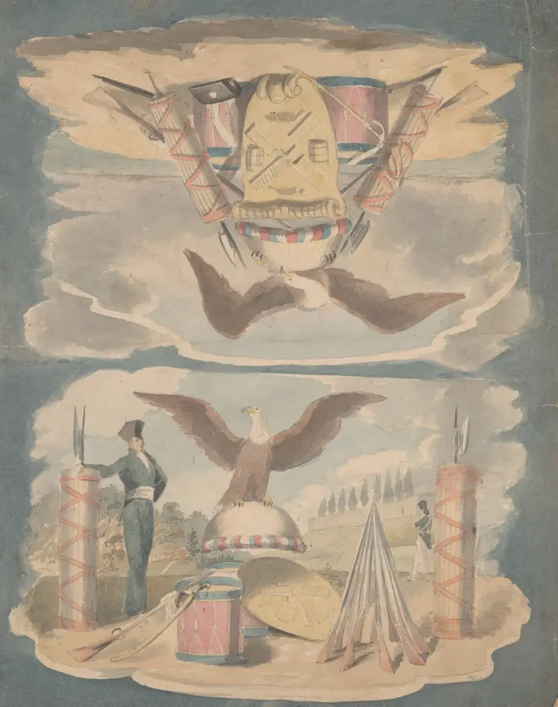 Zwei Vignetten mit Motiven für das Siegel der Stadt New York von John Rubens Smith