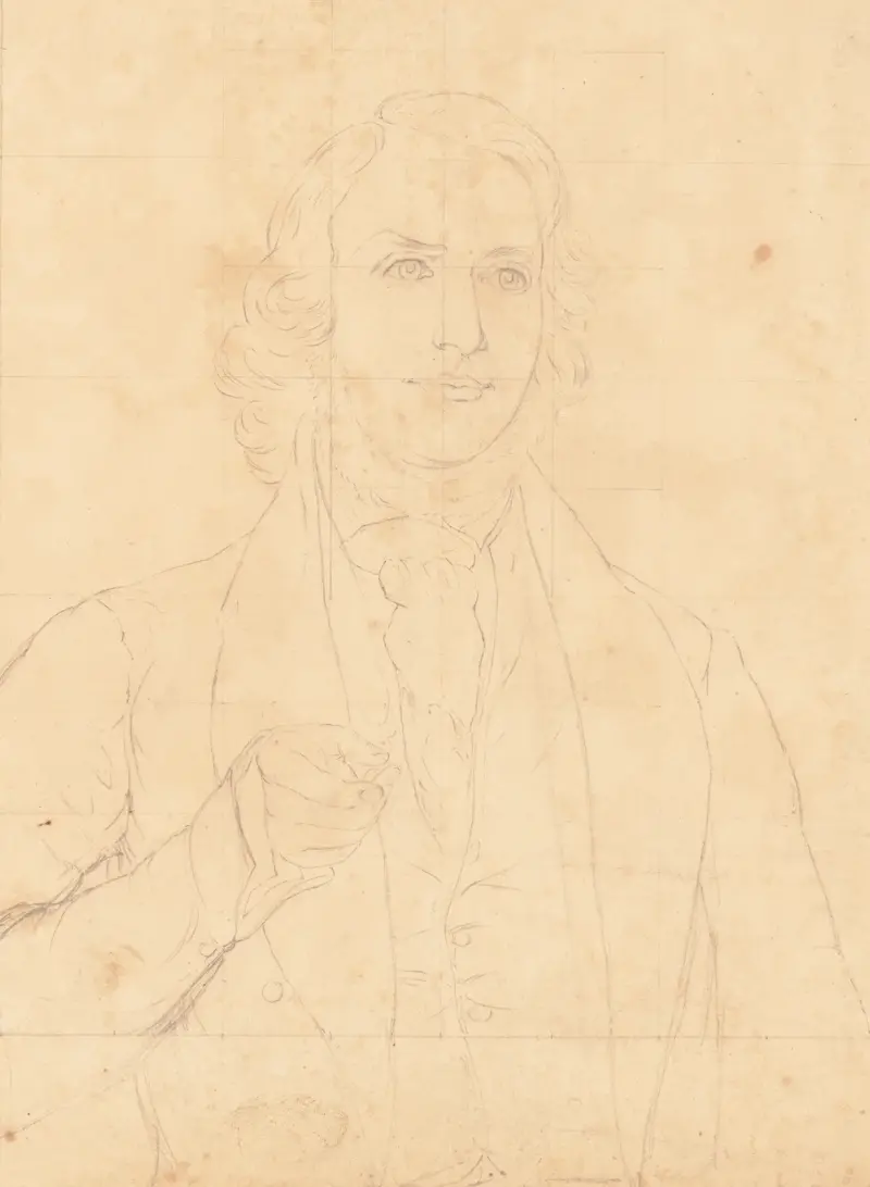 Unidentified half-length portrait of a man with wavy hair and a beard, wearing a cravat, and gesturing forward av John Rubens Smith