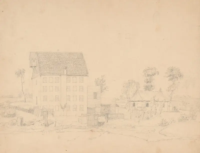 Oidentifierad kvarn och kyrka av John Rubens Smith