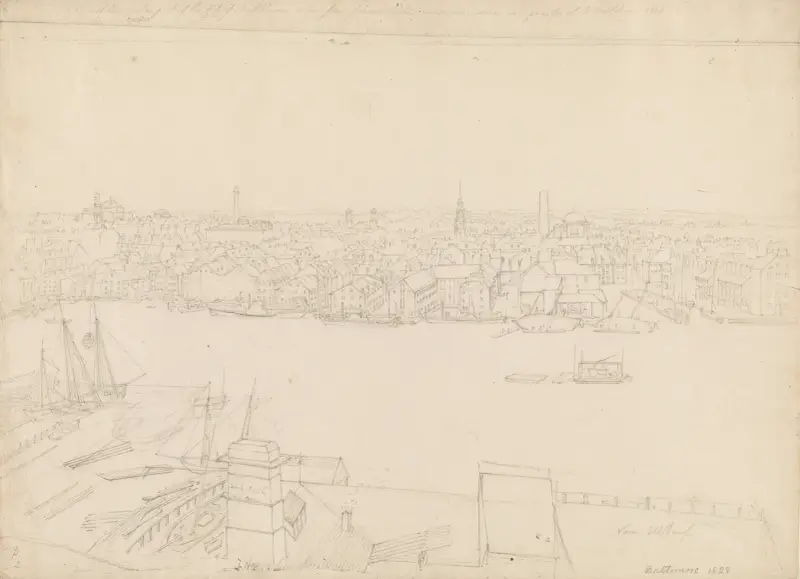 Blick auf das Stadtzentrum von Baltimore von der Federal Hill aus, kaum ein Viertel seiner Gebäude umfassend von John Rubens Smith
