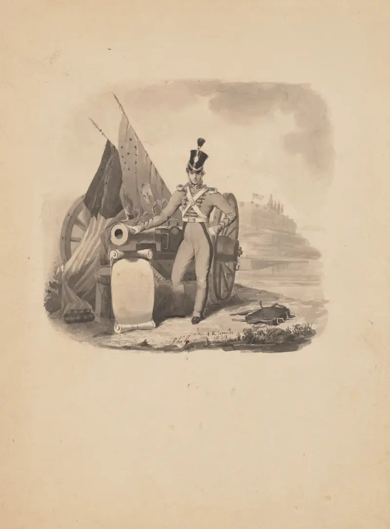 Vignette of a soldier leaning on ordnance with fortifications in distant background av John Rubens Smith