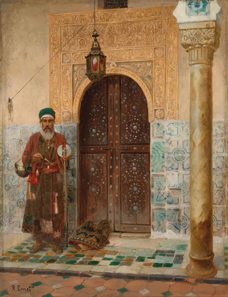 A holy man by an entrance av Rudolf Ernst