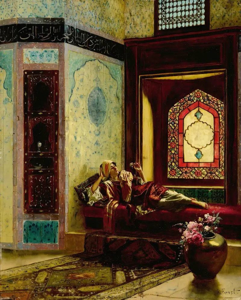 Languorous oriental lady with a rose av Rudolf Ernst