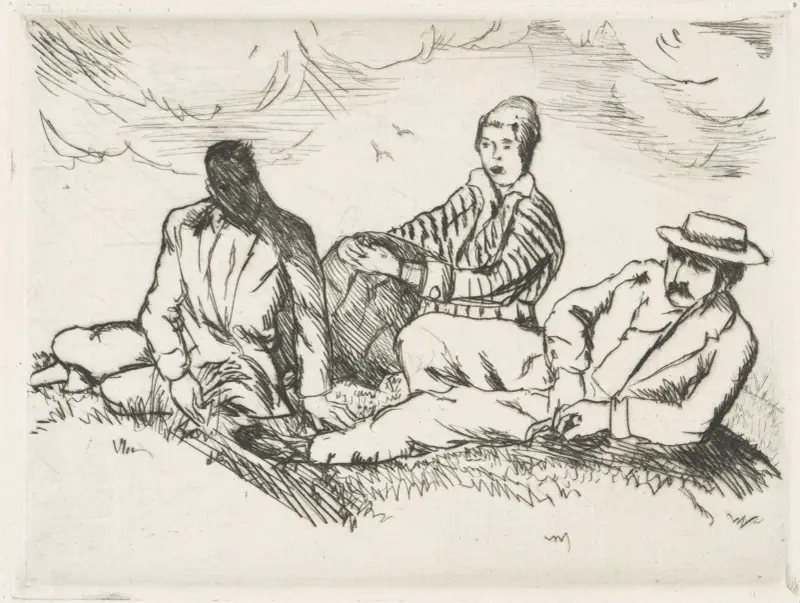 Im Freien (Robert Walser mit Frau und einem Bekannten) av Rudolf Grossmann