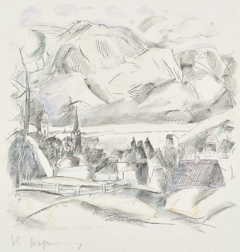 Landschaft mit Dorf am See vor Gebirge von Rudolf Grossmann