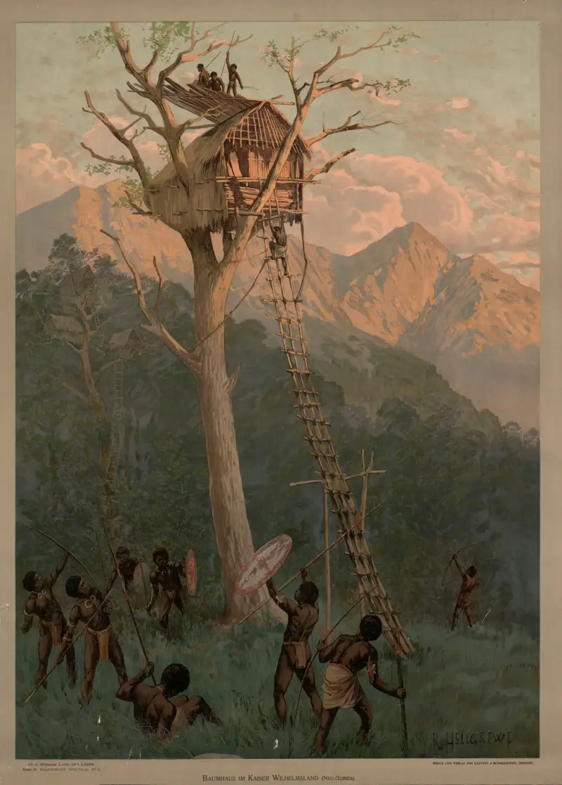 Kolonialbilder, Neue Folge – Baumhaus im Kaiser Wilhelmsland (Neu-Guinea) av Rudolf Hellgrewe