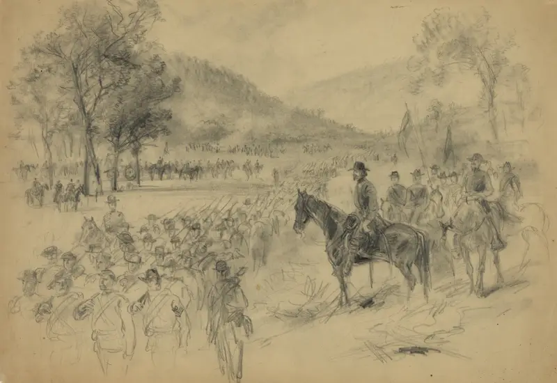 En general och hans stab inspekterar trupper i fält av Alfred Rudolph Waud