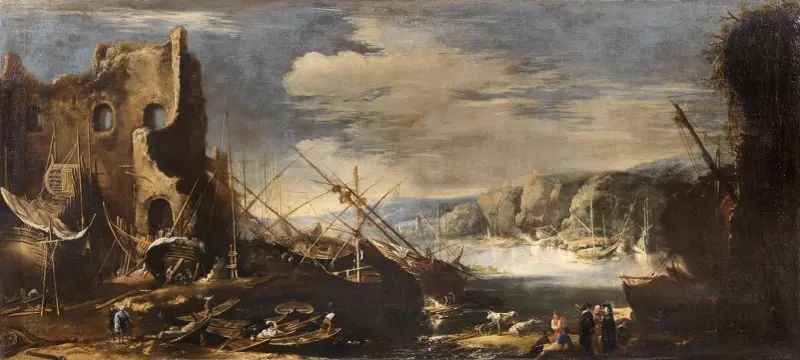 A coastal landscape with shipwrecks and ruins av Salvator Rosa