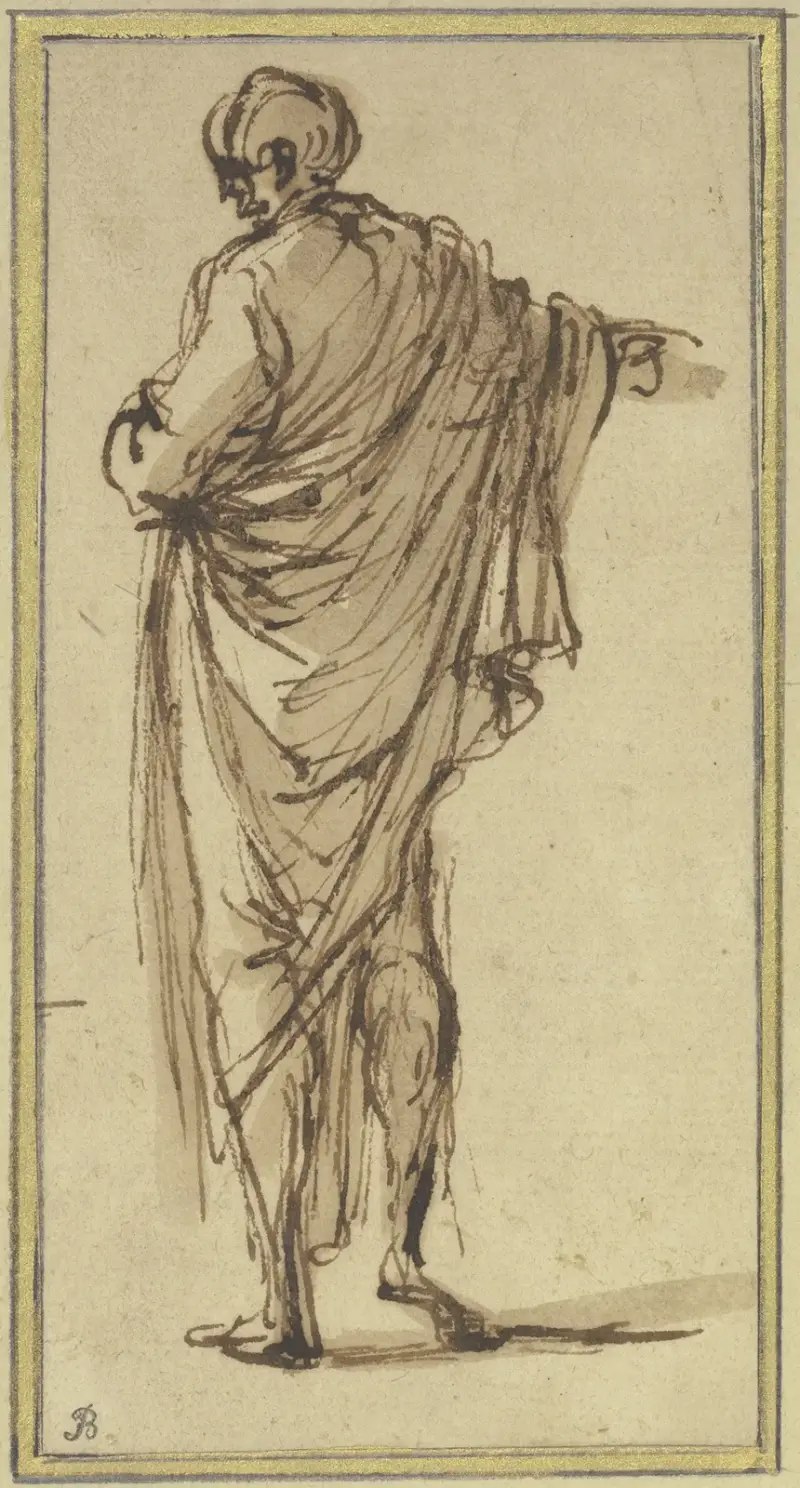 Ein von hinten gesehener Mann, der nach rechts zeigt von Salvator Rosa