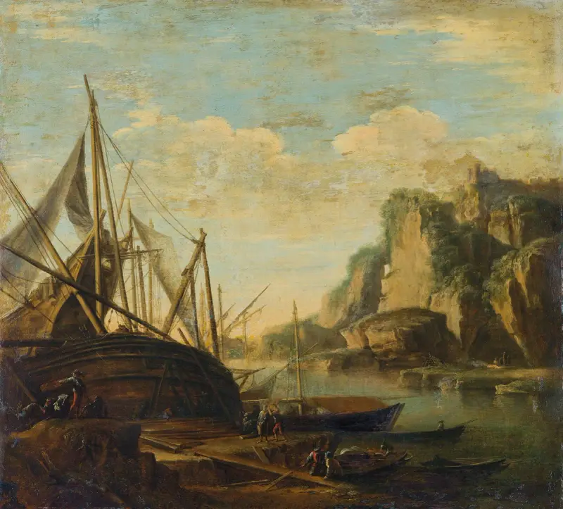 Mediterrant kustlandskap med skepp av Salvator Rosa