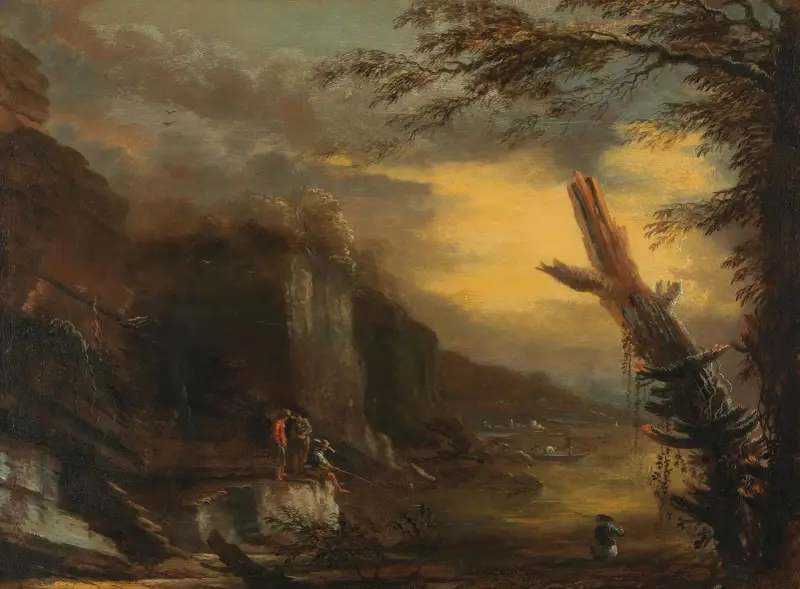 Figures fishing in a rocky coastal landscape av Salvator Rosa