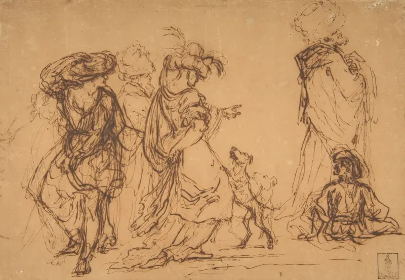 Pět postav ve fantastických kostýmech se dvěma psy, Salvator Rosa