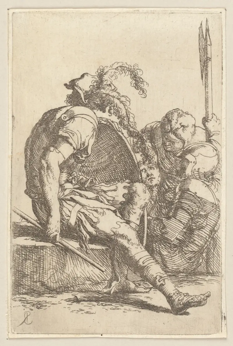 Four Soldiers, One seated on a Stone at the Left av Salvator Rosa