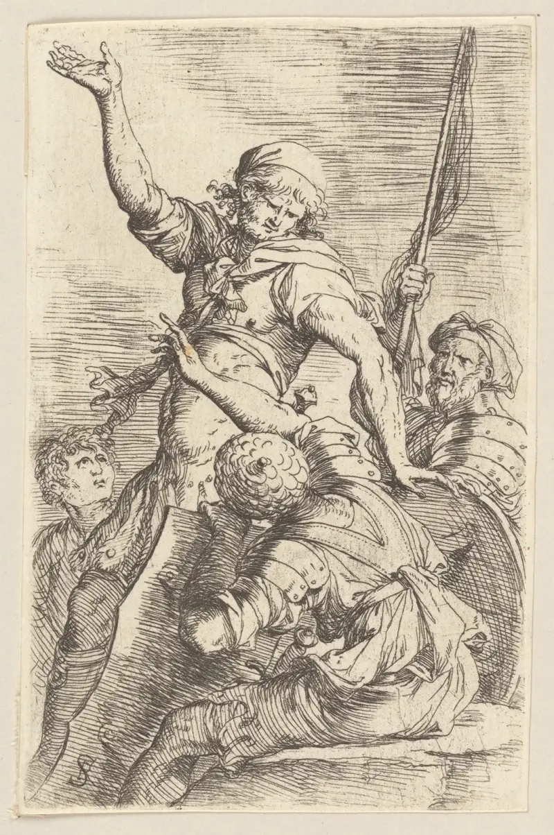 Four Soldiers, One with Flag av Salvator Rosa