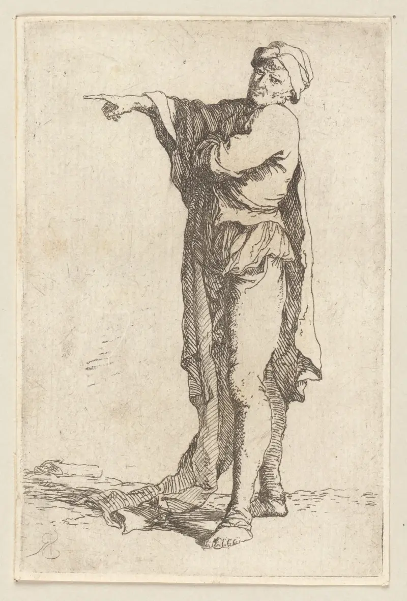 Man, Standing, His Arm Pointing Horizontally av Salvator Rosa