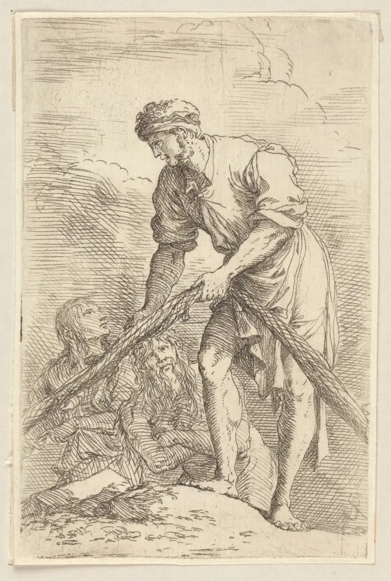 Man with Fishing Net and Two Other Figures av Salvator Rosa