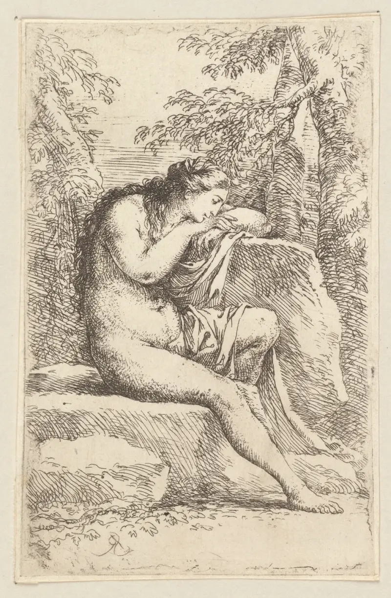 Akt in Betrachtung, auf einem Felsvorsprung sitzend von Salvator Rosa