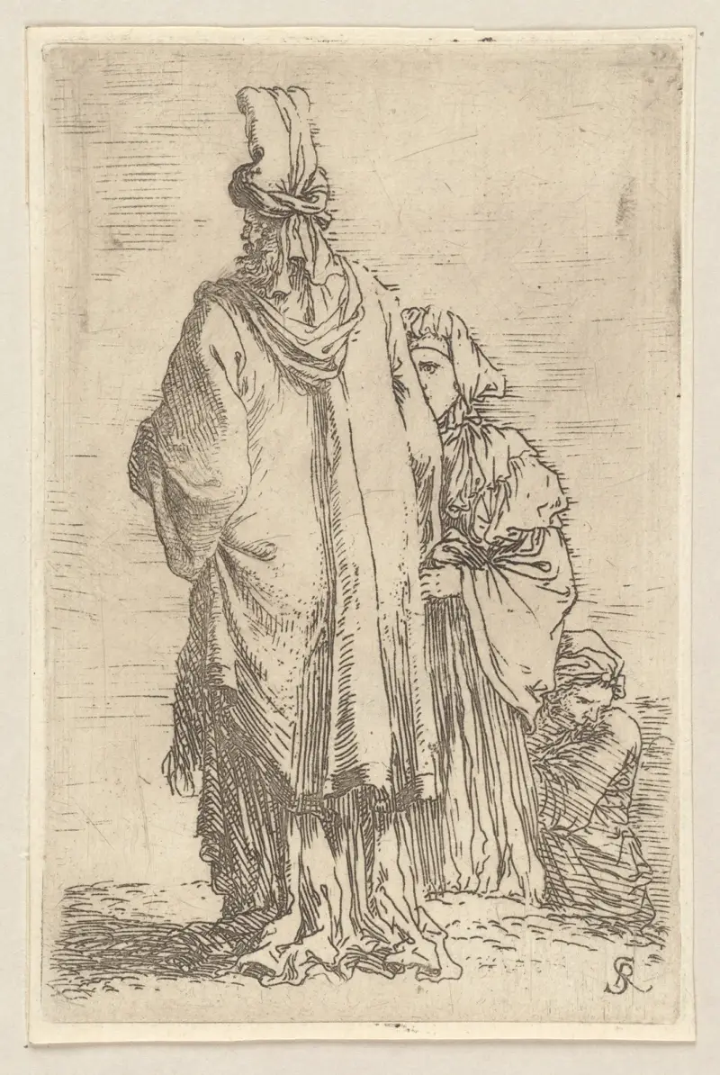 Oriental i turban, sedd bakifrån, med två kvinnor av Salvator Rosa
