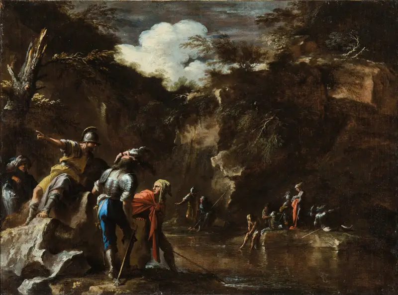 Szene aus der griechischen Geschichte: Thales lässt den Fluss auf beiden Seiten des lydischen Heeres fließen von Salvator Rosa