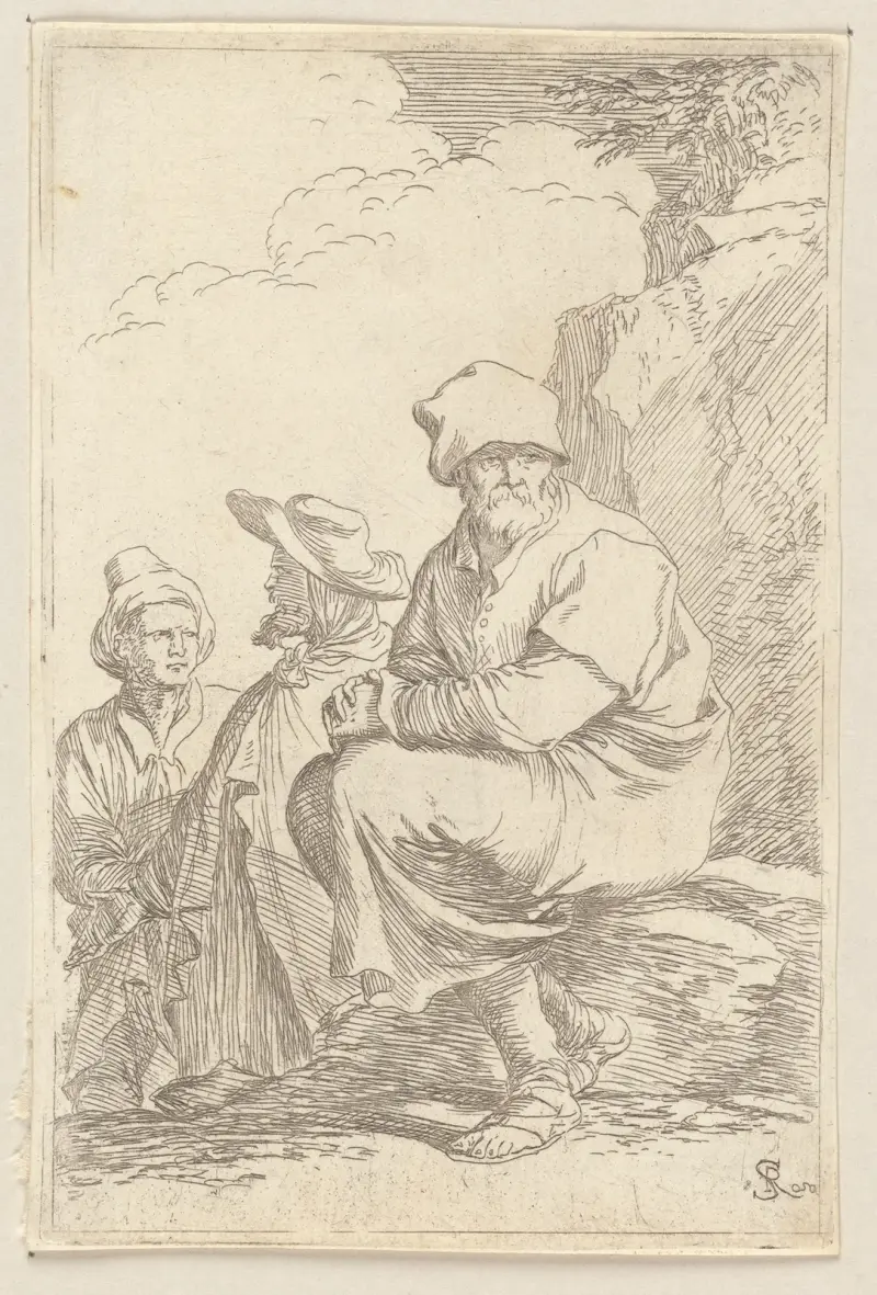 Sitzender Bauer mit zwei anderen Männern von Salvator Rosa