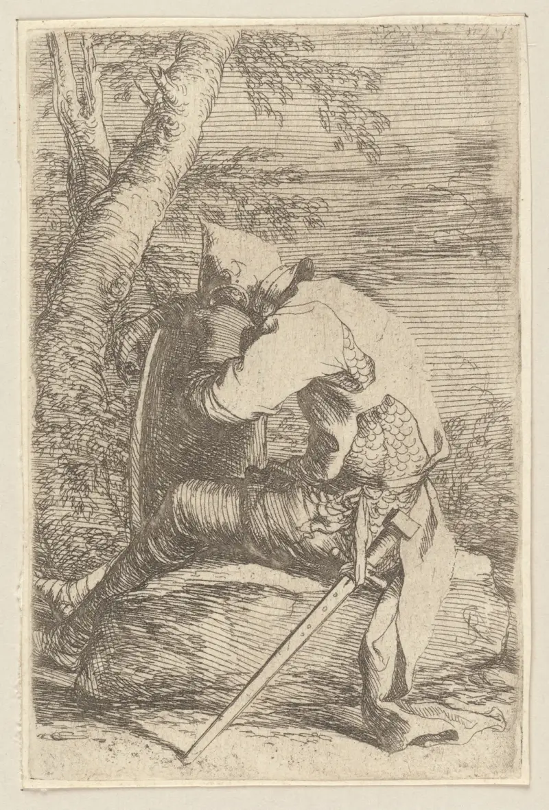 Sittande soldat lutad mot sin sköld av Salvator Rosa