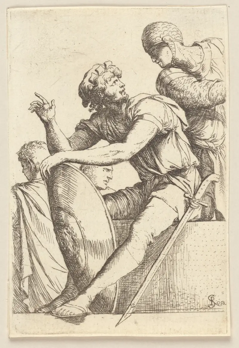 Sitzender Soldat mit Schild und zwei weitere Figuren von Salvator Rosa