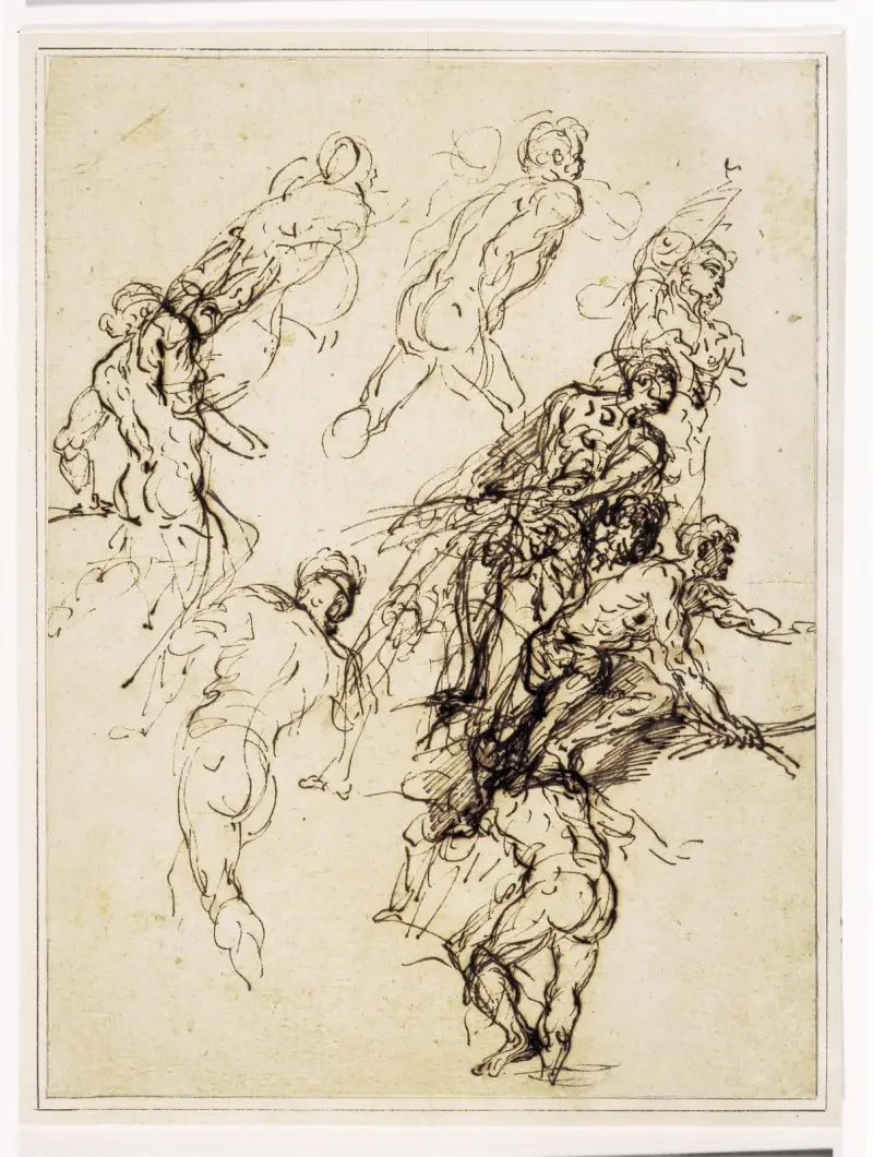 Skizzen männlicher Figuren in Bewegung nach rechts von Salvator Rosa