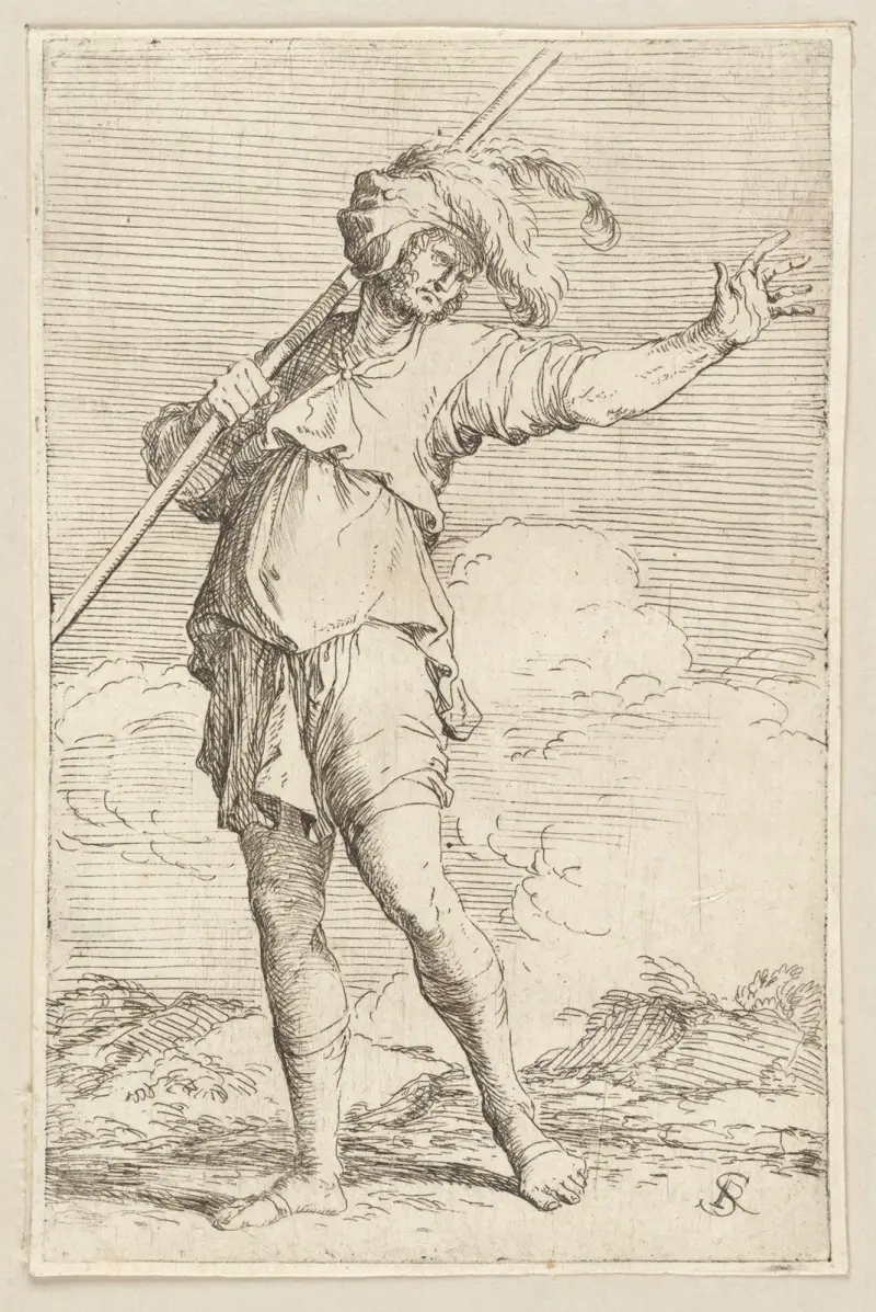 Voják s holí kráčející doleva, Salvator Rosa