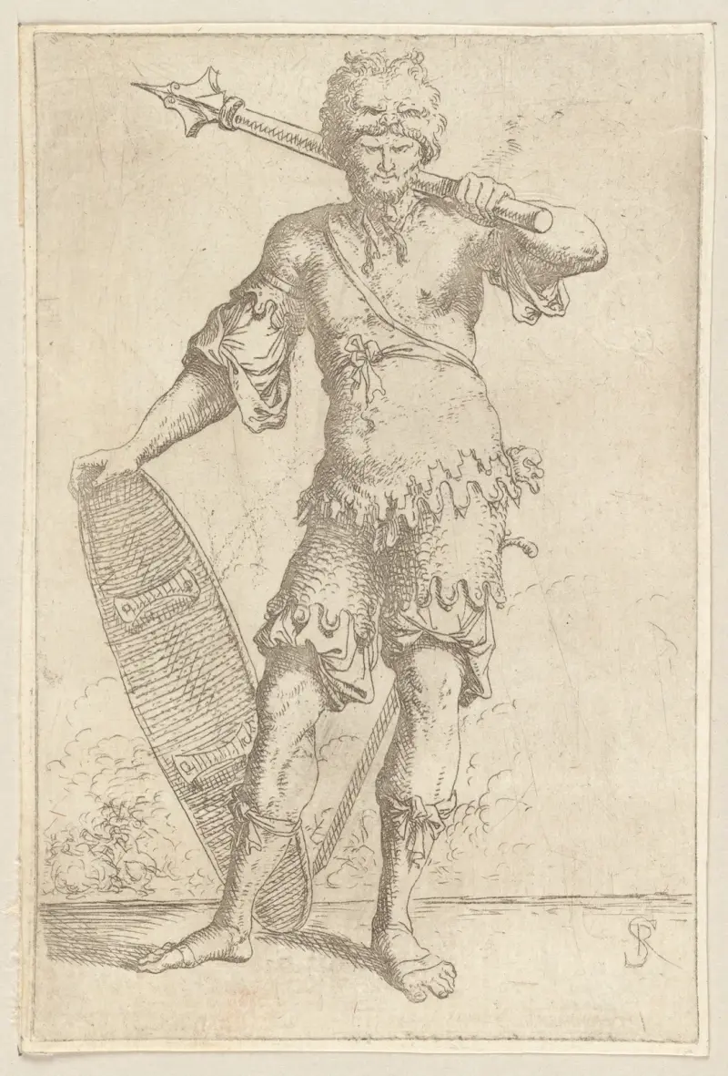 Soldat, frontal, mit Pike auf der Schulter und Schild von Salvator Rosa