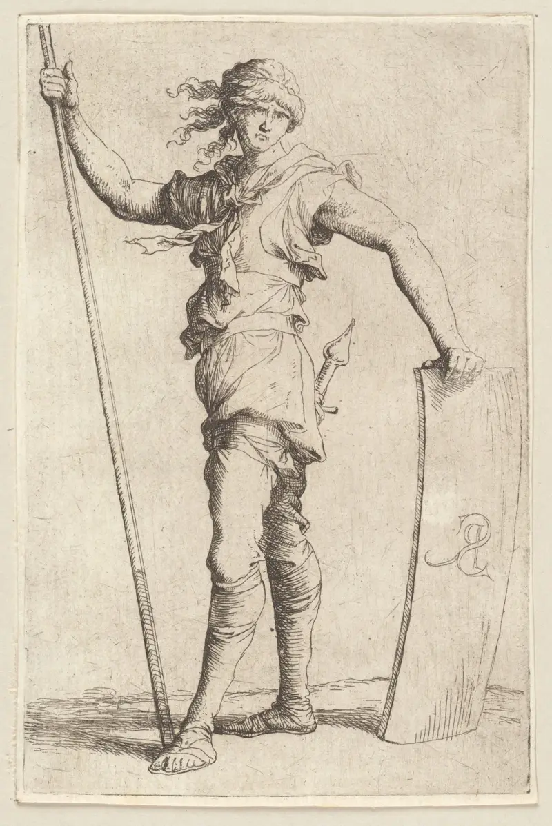Soldat mit Stock und Schild, nach links gewandt von Salvator Rosa