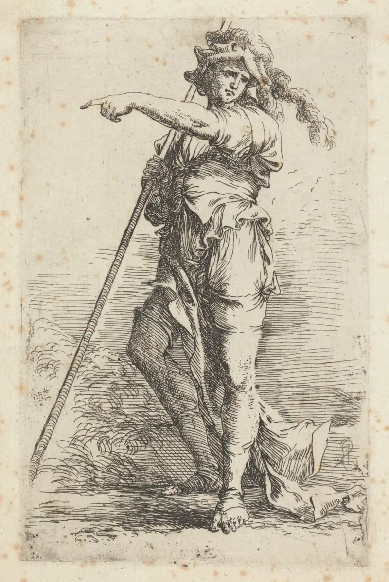 Soldat mit einem Stock in der rechten Hand, nach links deutend 2 von Salvator Rosa
