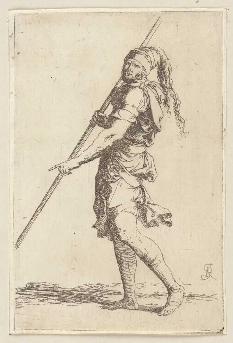 Żołnierz z laską w obu rękach idący w lewo, Salvator Rosa