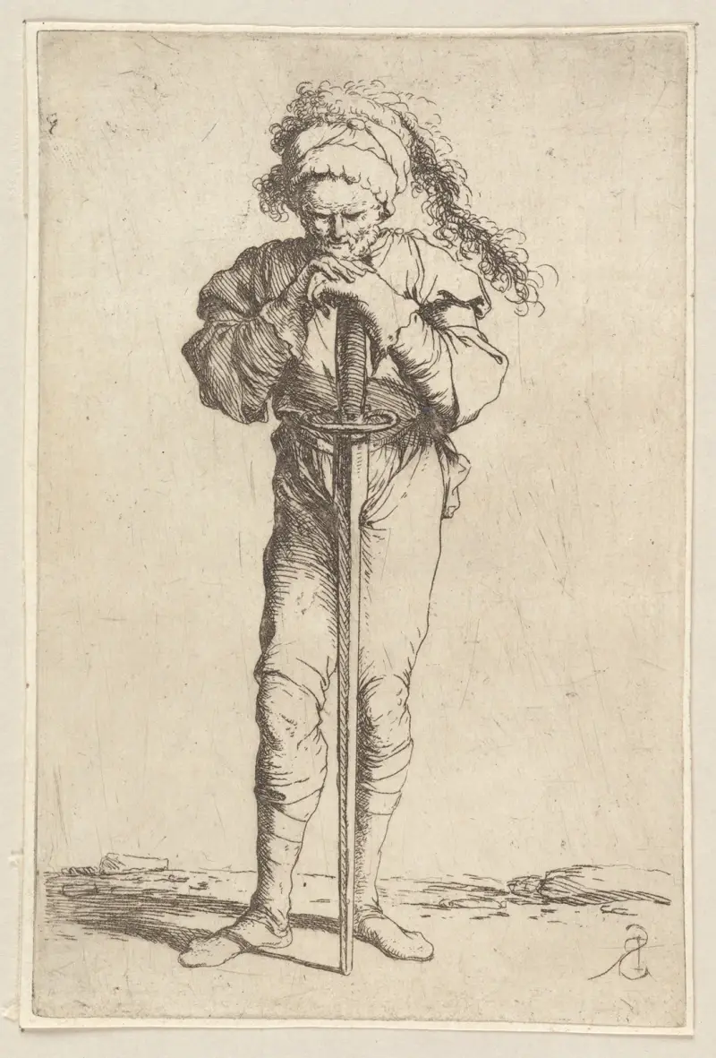 Soldat, der ein langes Schwert mit beiden Händen hält von Salvator Rosa
