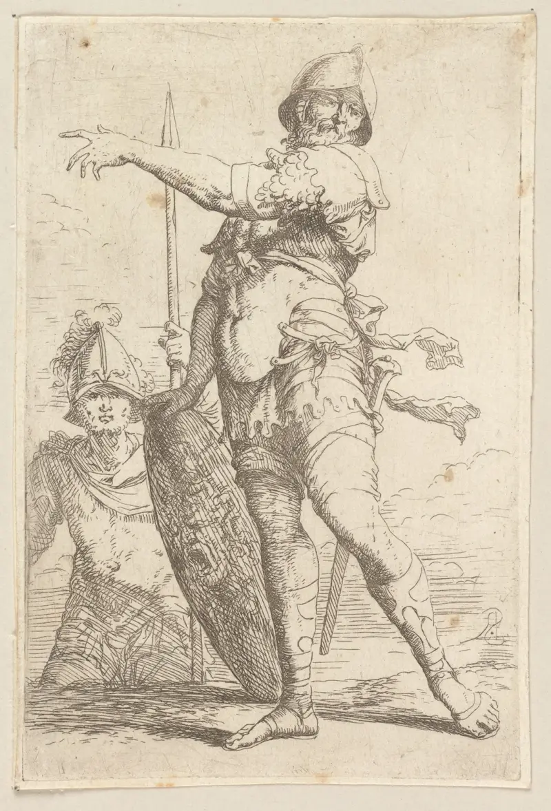 Soldat med sköld och Medusas huvud av Salvator Rosa