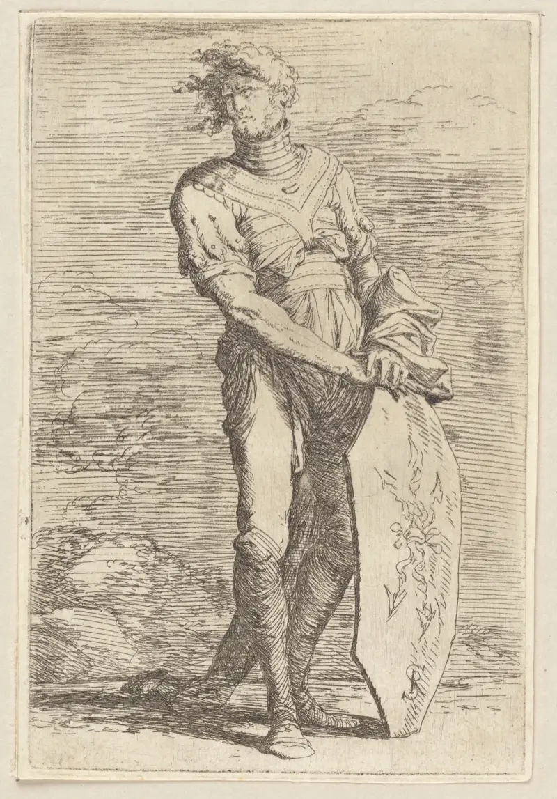Voják se štítem, Salvator Rosa