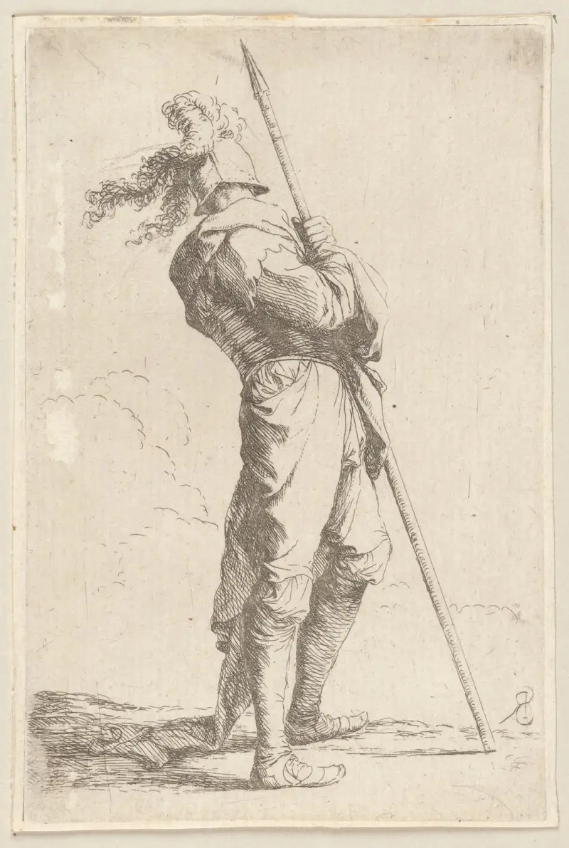 Soldat, der seine Lanze mit beiden Händen hält von Salvator Rosa