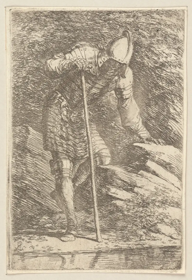 Voják v přilbě a zbroji u potoka, Salvator Rosa