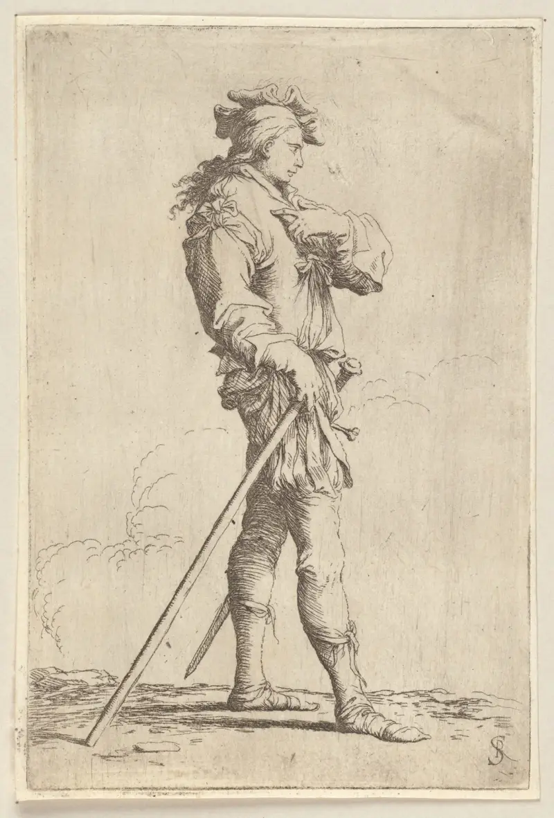 Soldat im Profil mit Schwert und Stock, nach rechts gewandt von Salvator Rosa