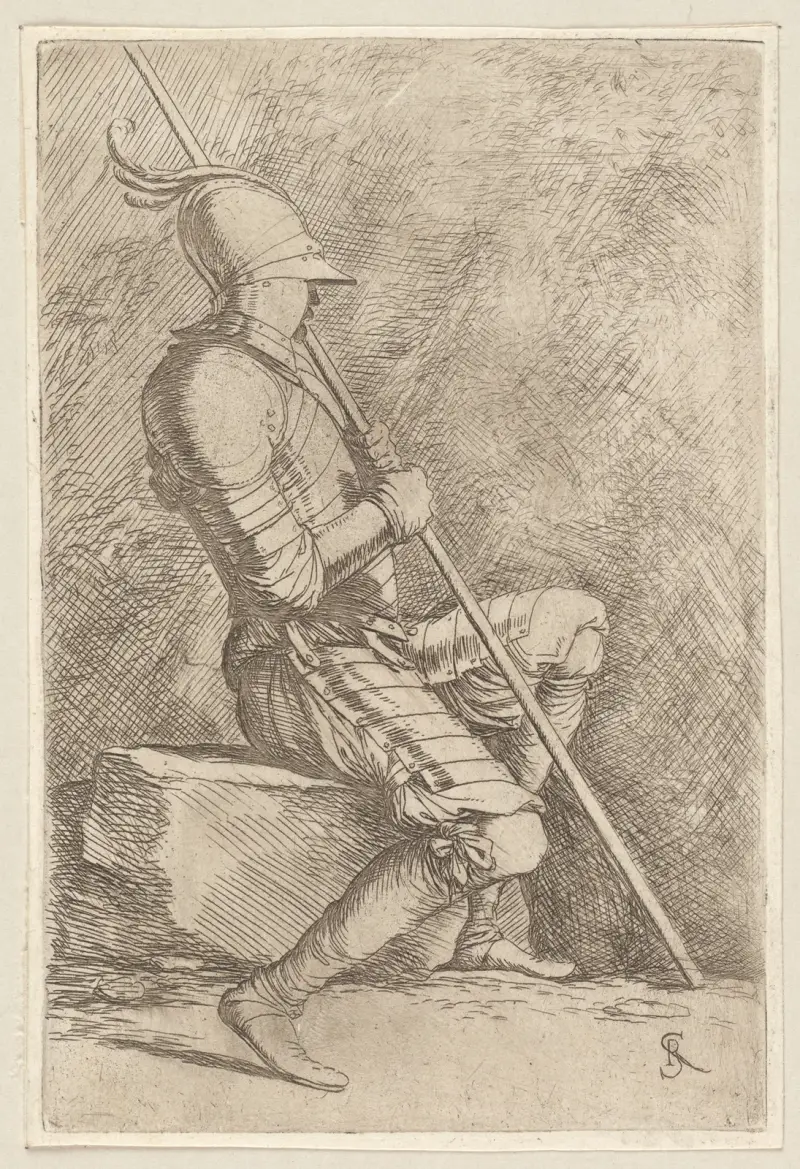 Sitzender Soldat mit Helm und Stock von Salvator Rosa